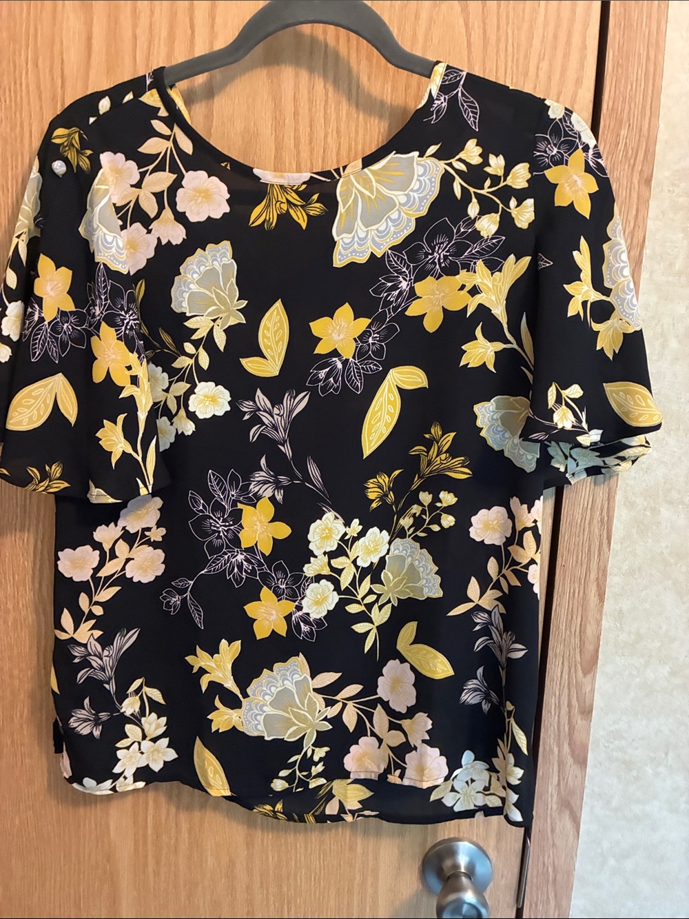 LOFT Black Floral Short-Sleeve Blouse with Yellow and Cream Accents